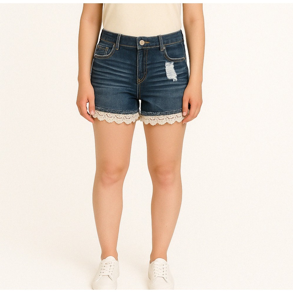 Almost Famous Shorts Juniors Size 0 Blue Denim Crochet Trim Hem Low Rise Grunge